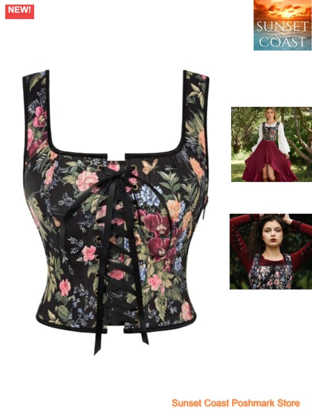 Boned Waist Floral Renaissance Corset Top Lace-Up Fairy Costume